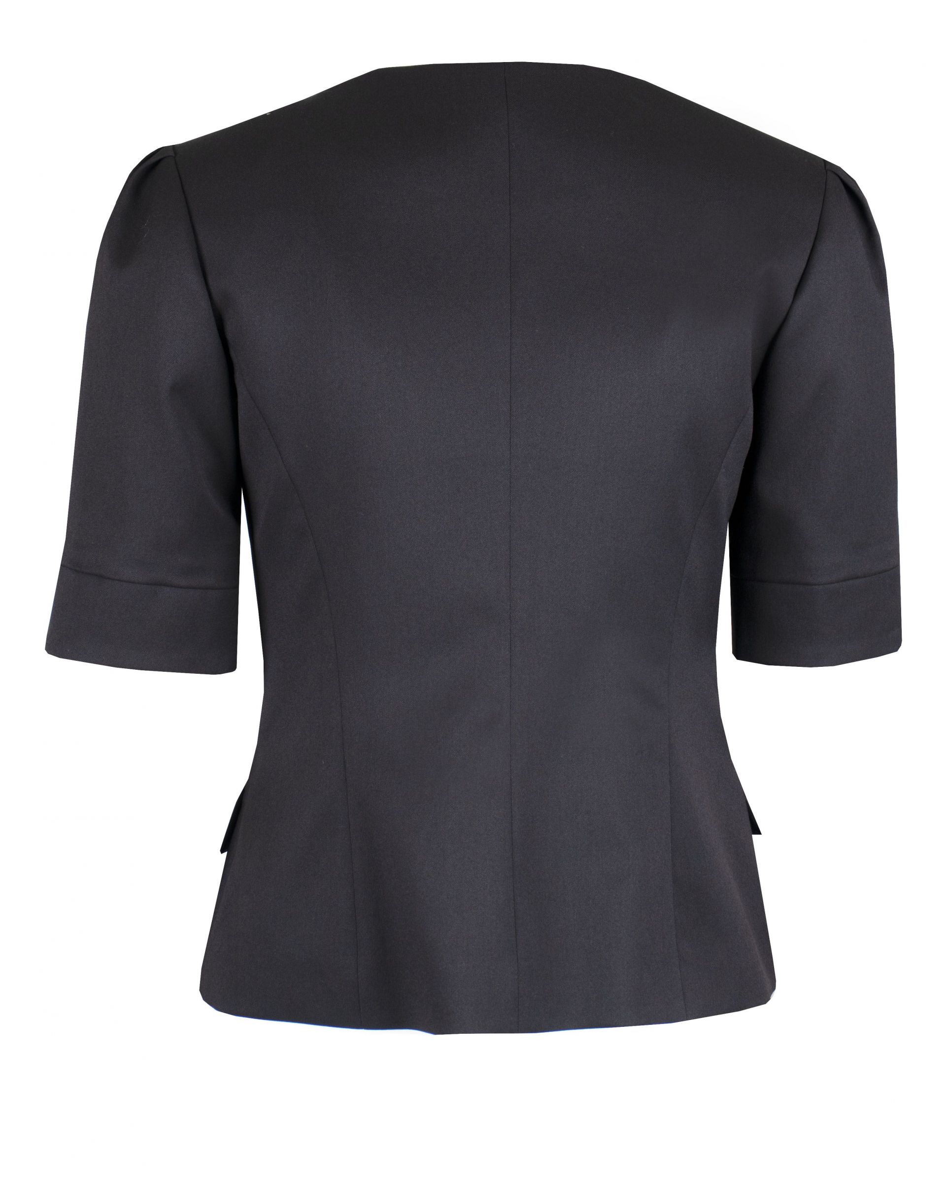 Fitted short-sleeved jacket with round neck, buttoning with three pearl type buttons 1